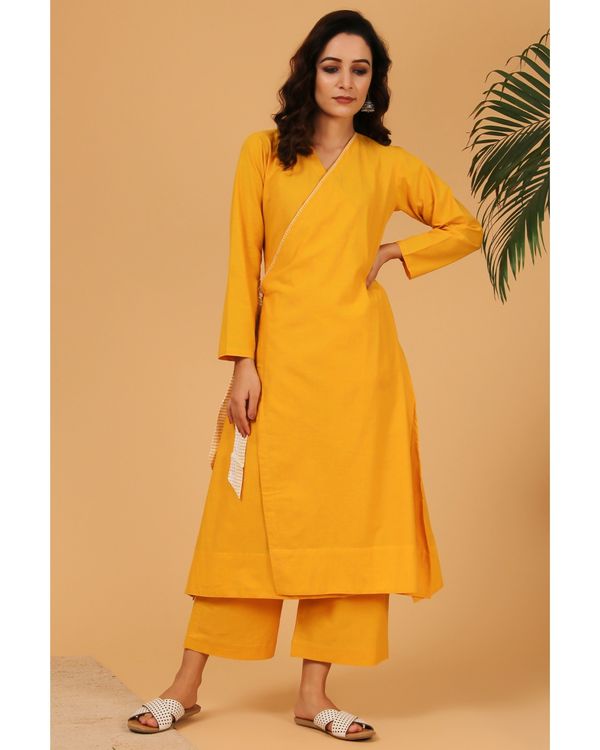Mustard yellow embroidered angrakha kurta and pants with dupatta - Set Of Three 3