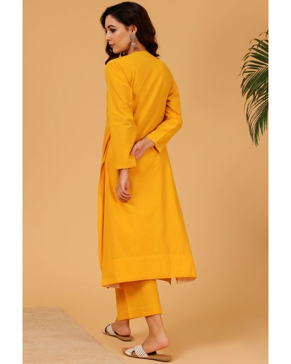 Mustard yellow hand embroidered angrakha kurta 1