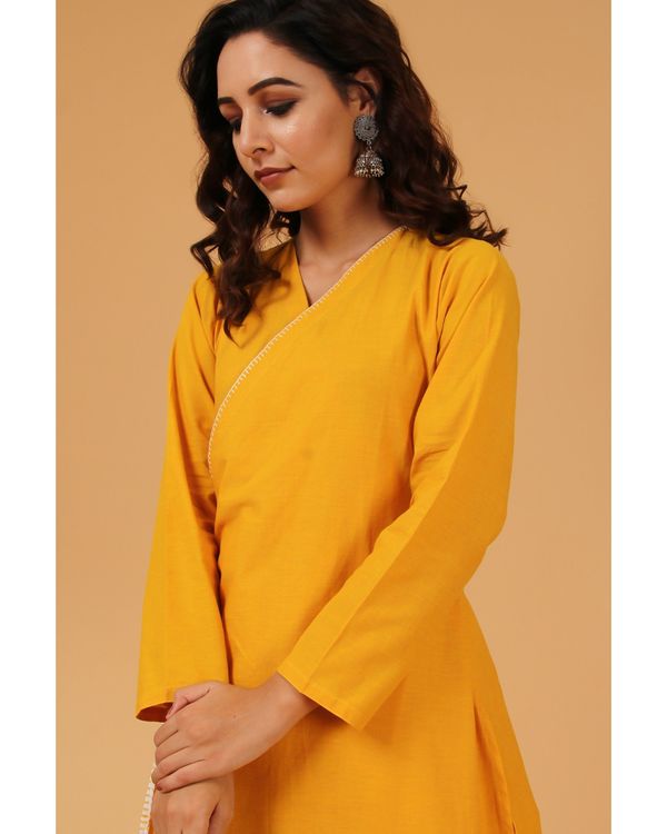 Mustard yellow hand embroidered angrakha kurta 3