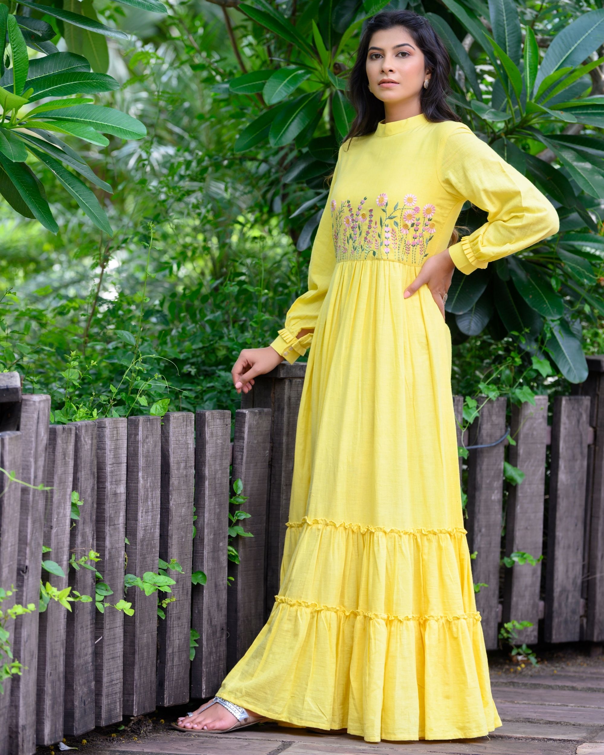Yellow embroidered ruffled dress by Label Anoh The Secret Label