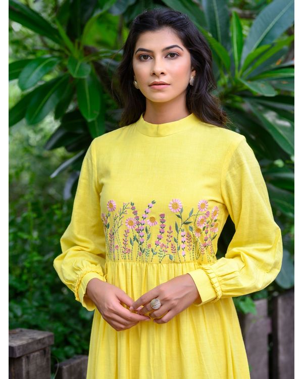 Yellow embroidered ruffled dress by Label Anoh The Secret Label