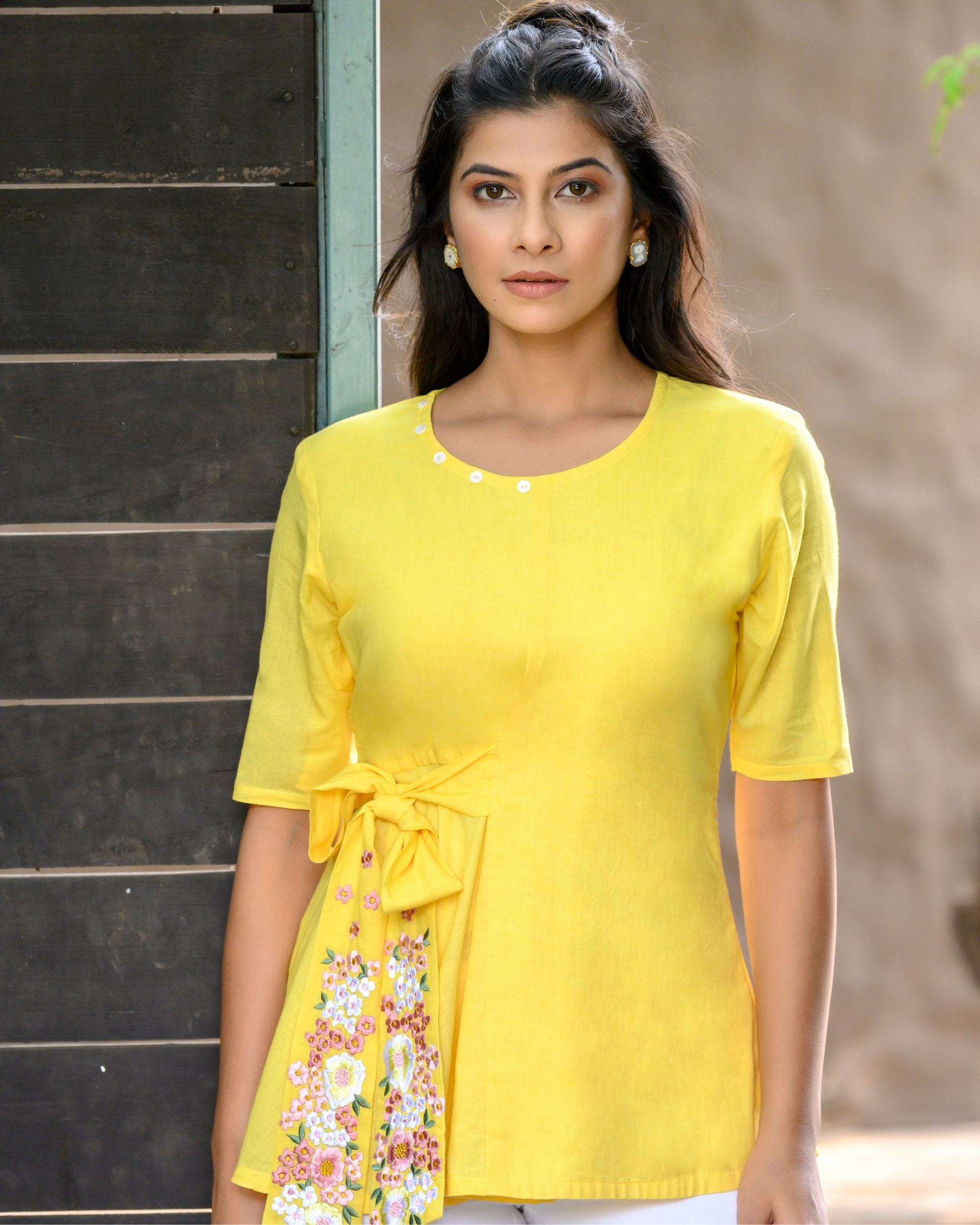 Yellow floral embroidered belt top by Label Anoh | The Secret Label