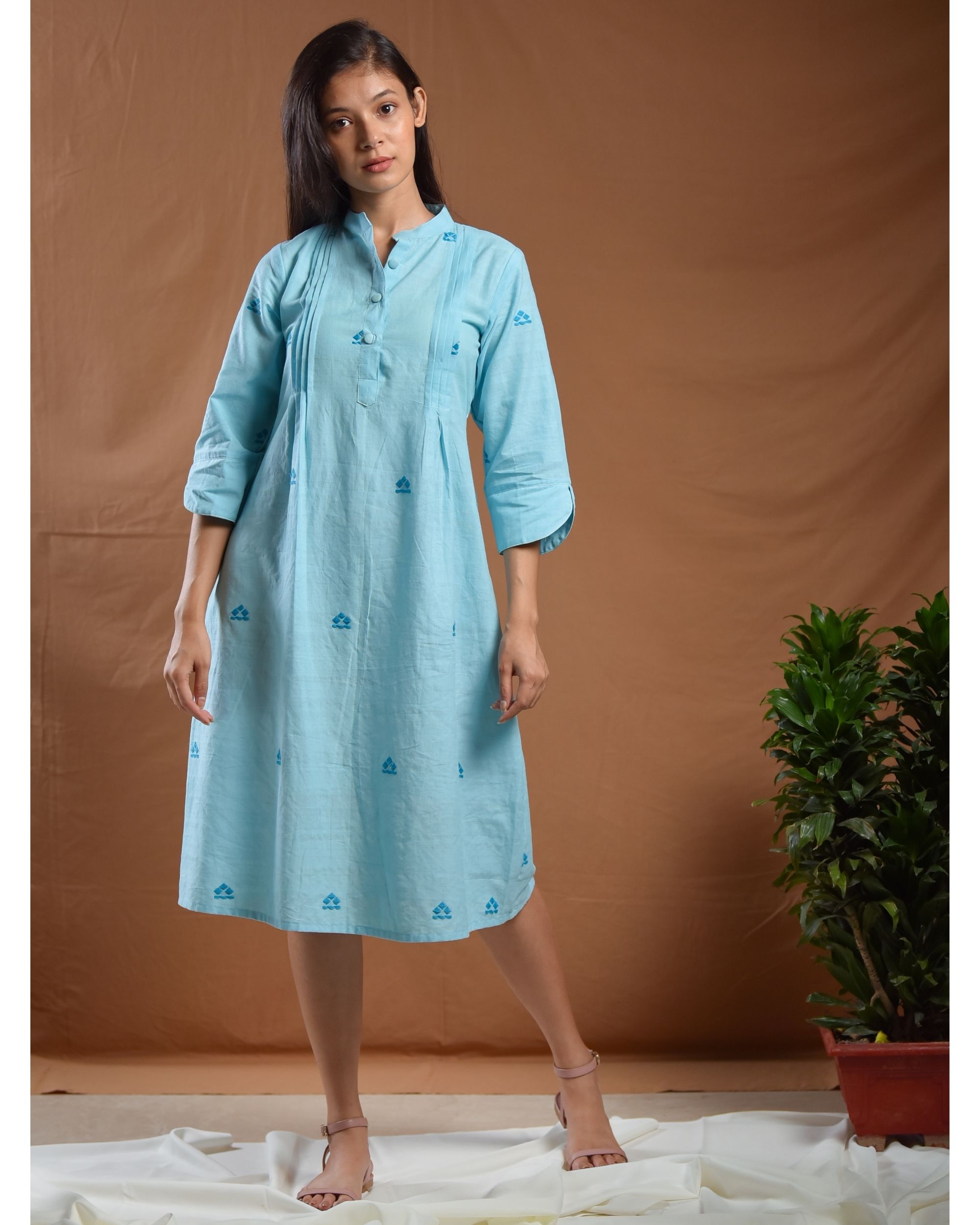 Light blue pin tucks mandarin dress by Amoh By Aanchal | The Secret Label