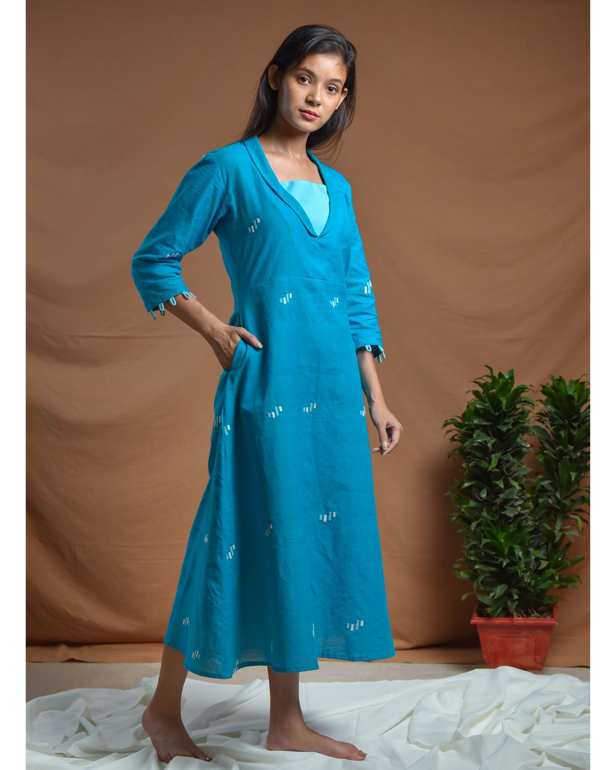 Blue collared flared dress by Amoh By Aanchal | The Secret Label