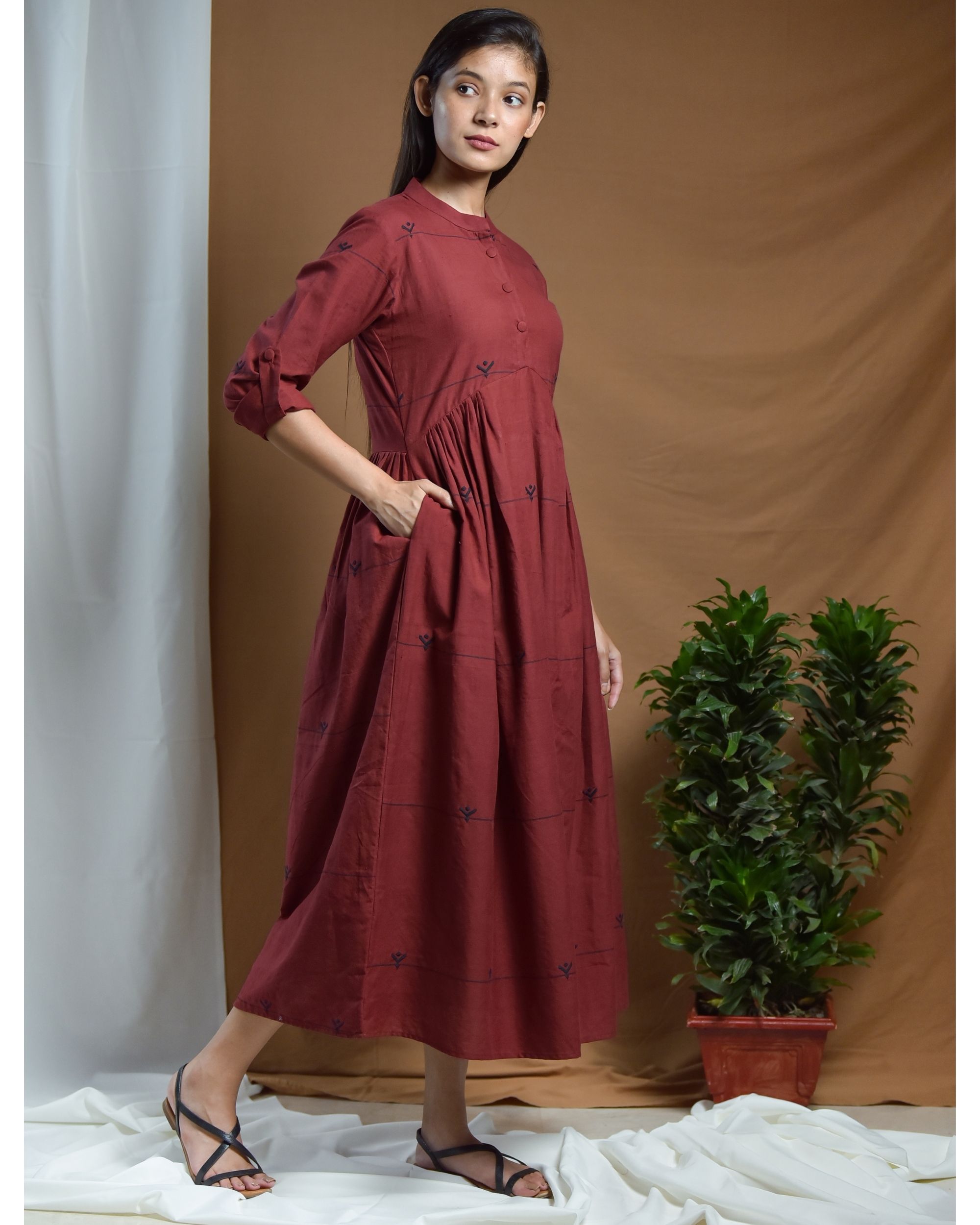 Maroon and black pleated mandarin dress by Amoh By Aanchal | The Secret ...