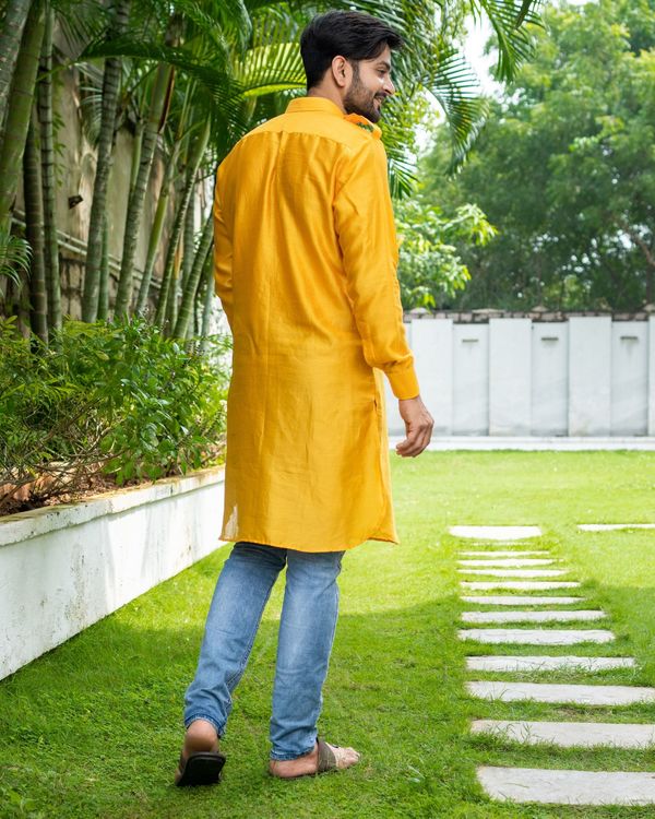 Mustard yellow chanderi pathani kurta 1