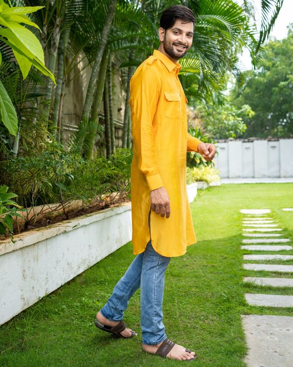 Mustard yellow chanderi pathani kurta 2