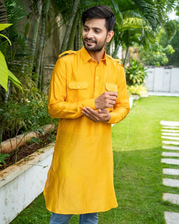 Mustard yellow chanderi pathani kurta 3