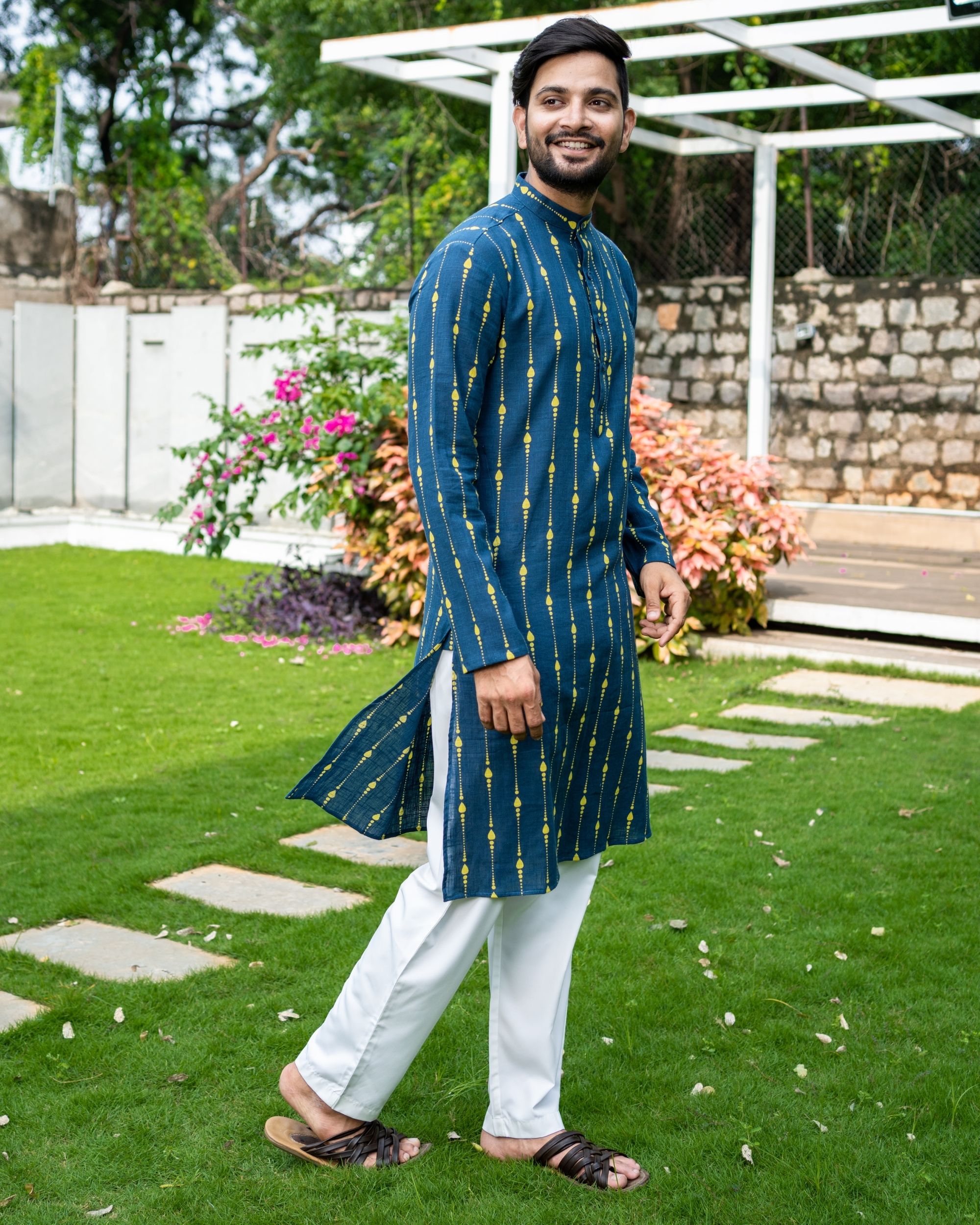 Midnight blue printed cotton kurta with white pyjama - Set Of Two by ...