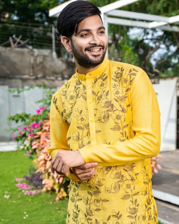 Sunshine yellow floral embroidered kurta with black pyjama - Set Of Two ...