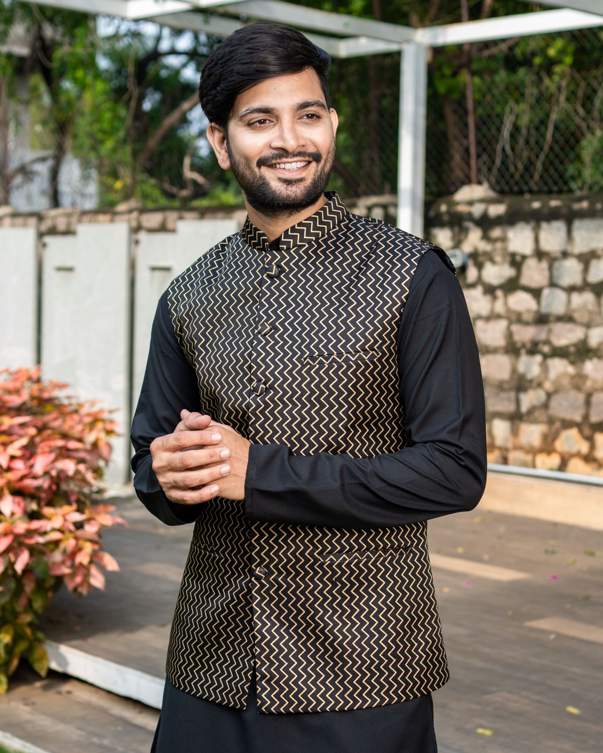 Black chevron printed brocade nehru jacket with black kurta and pyjama Set Of Three by The Weave Story The Secret Label