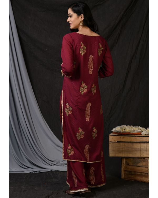 Burgundy floral printed kurta with palazzo and ombre dyed dupatta - Set of Three 1