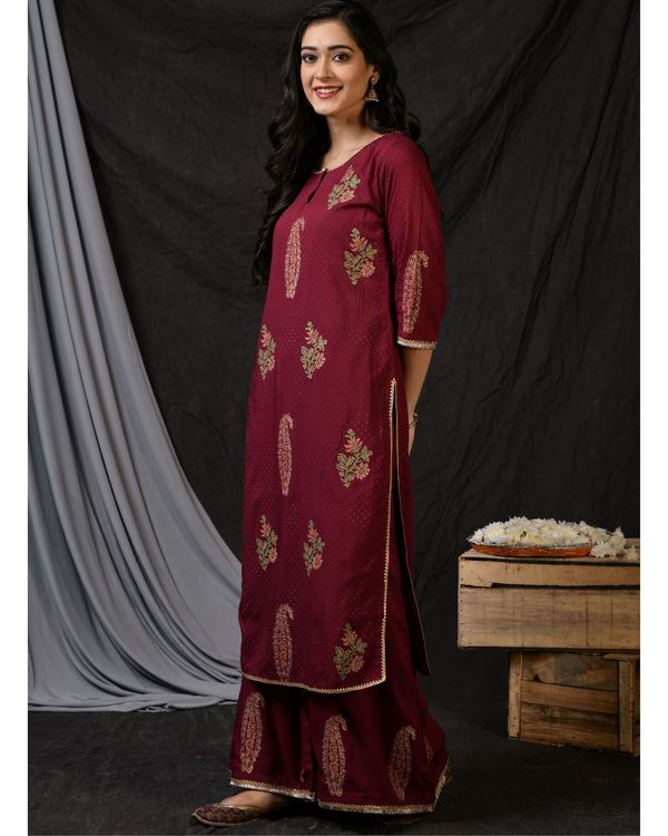 Burgundy floral printed kurta with palazzo and ombre dyed dupatta - Set of Three 2