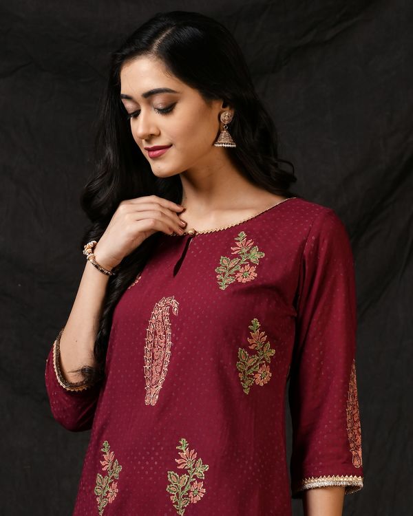 Burgundy floral printed kurta with palazzo and ombre dyed dupatta - Set of Three 3