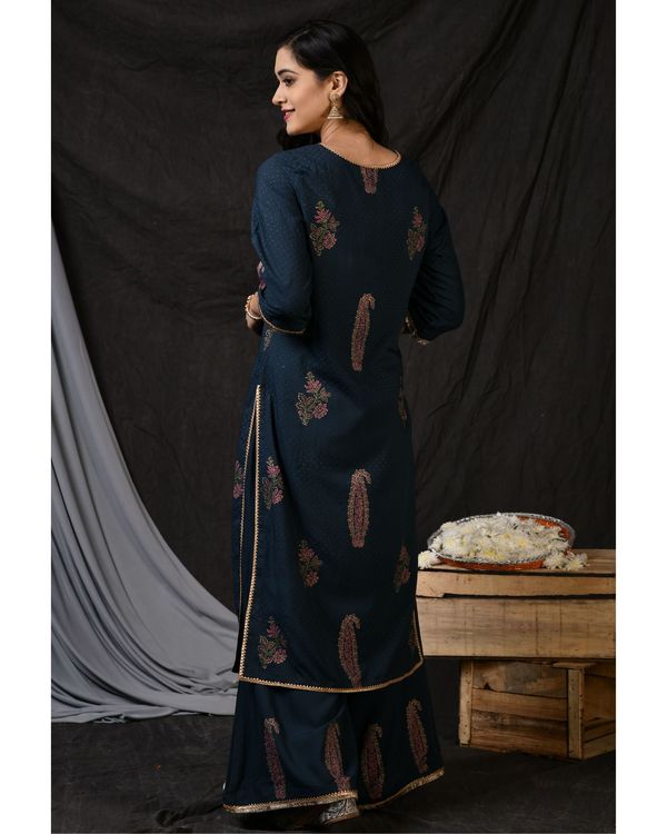 Teal blue floral printed kurta with palazzo and ombre dyed dupatta - Set Of Three 1