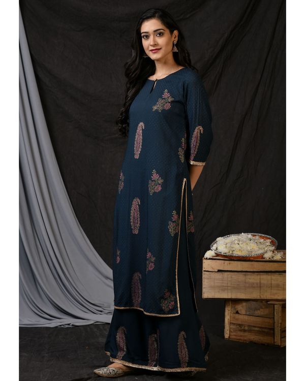 Teal blue floral printed kurta with palazzo and ombre dyed dupatta - Set Of Three 2