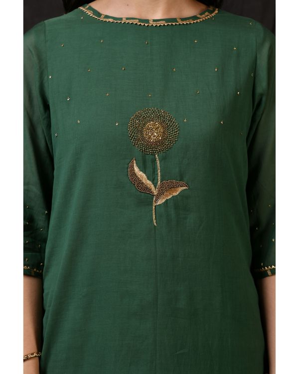 Bottle green embroidered kurta with sharara and dupatta - Set Of Three 3