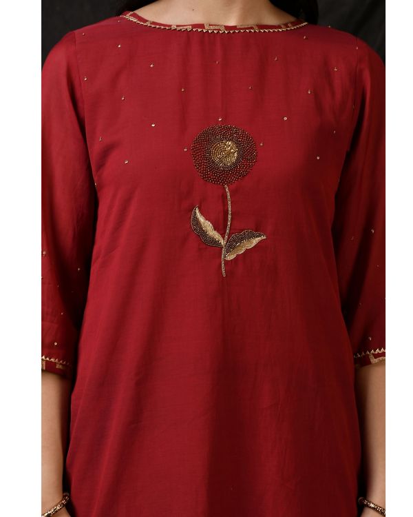 Maroon floral embroidered kurta with sharara and dupatta - Set Of Three 3