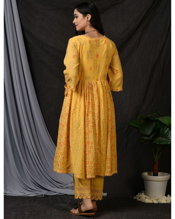 Yellow printed gathered anarkali kurta with pants and dupatta - Set Of Three 1