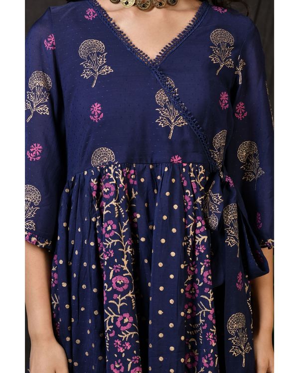 Blue printed gathered anarkali kurta with pants and dupatta - Set Of Three 3
