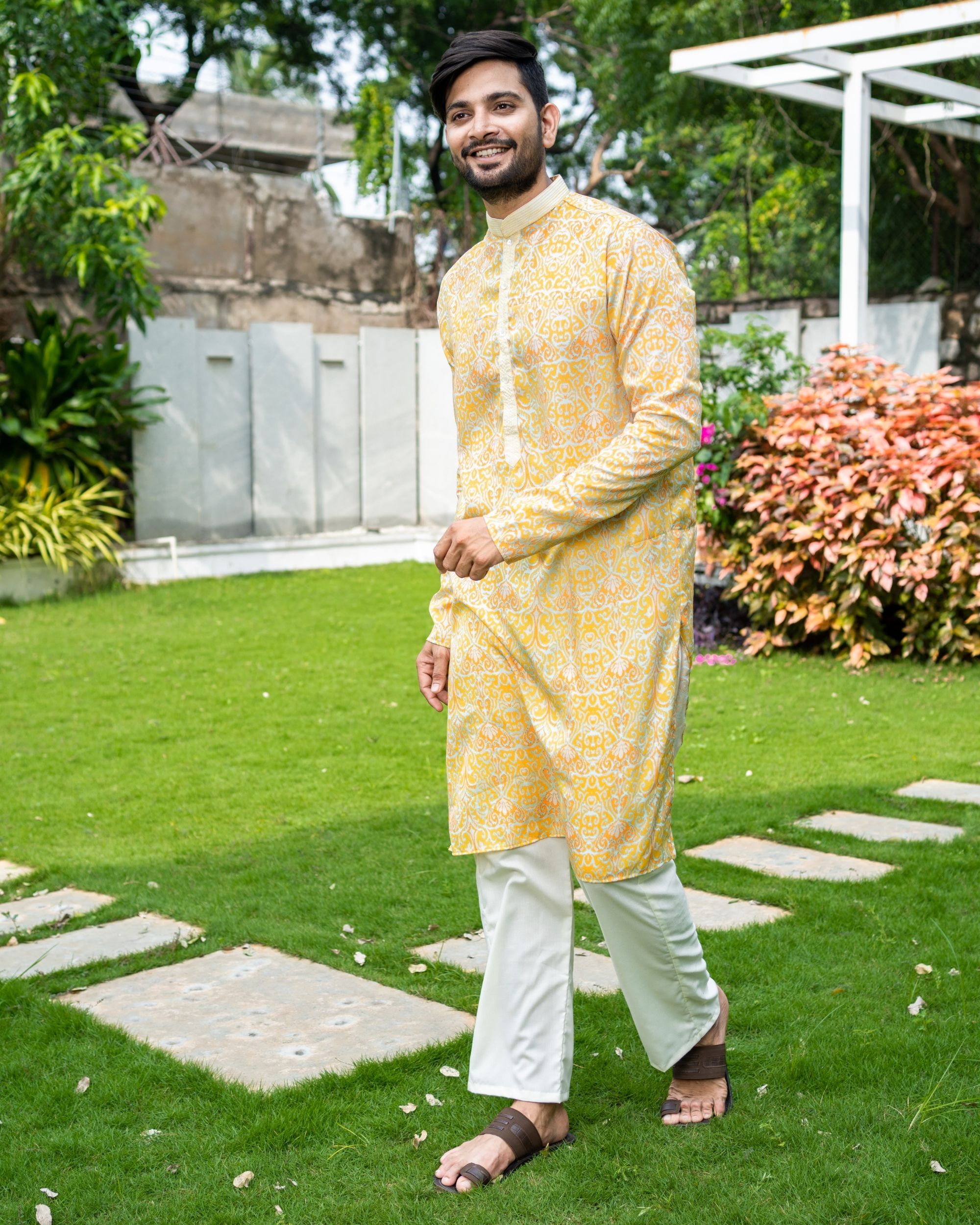 Yellow ikat printed cotton kurta and pants - Set Of Two by Desi Doree ...