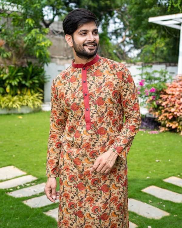 Brown and red floral printed kurta and pants - Set Of Two 3