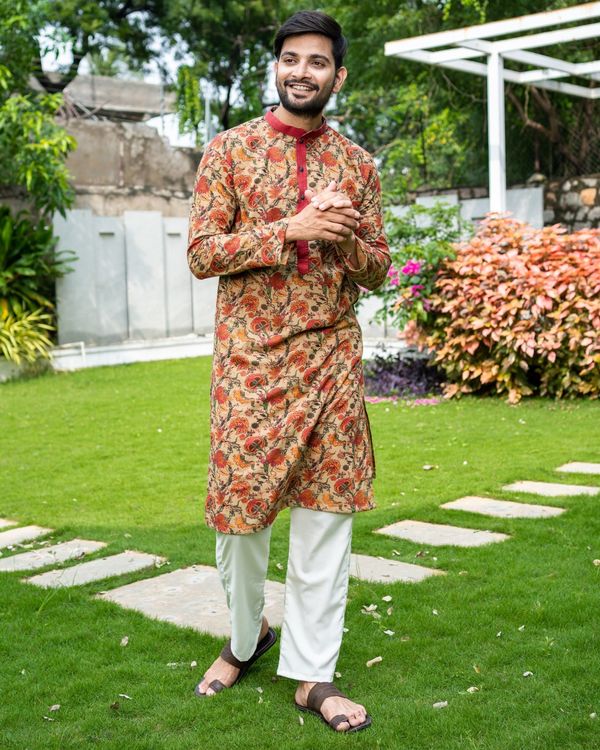 Brown and red floral printed kurta 1