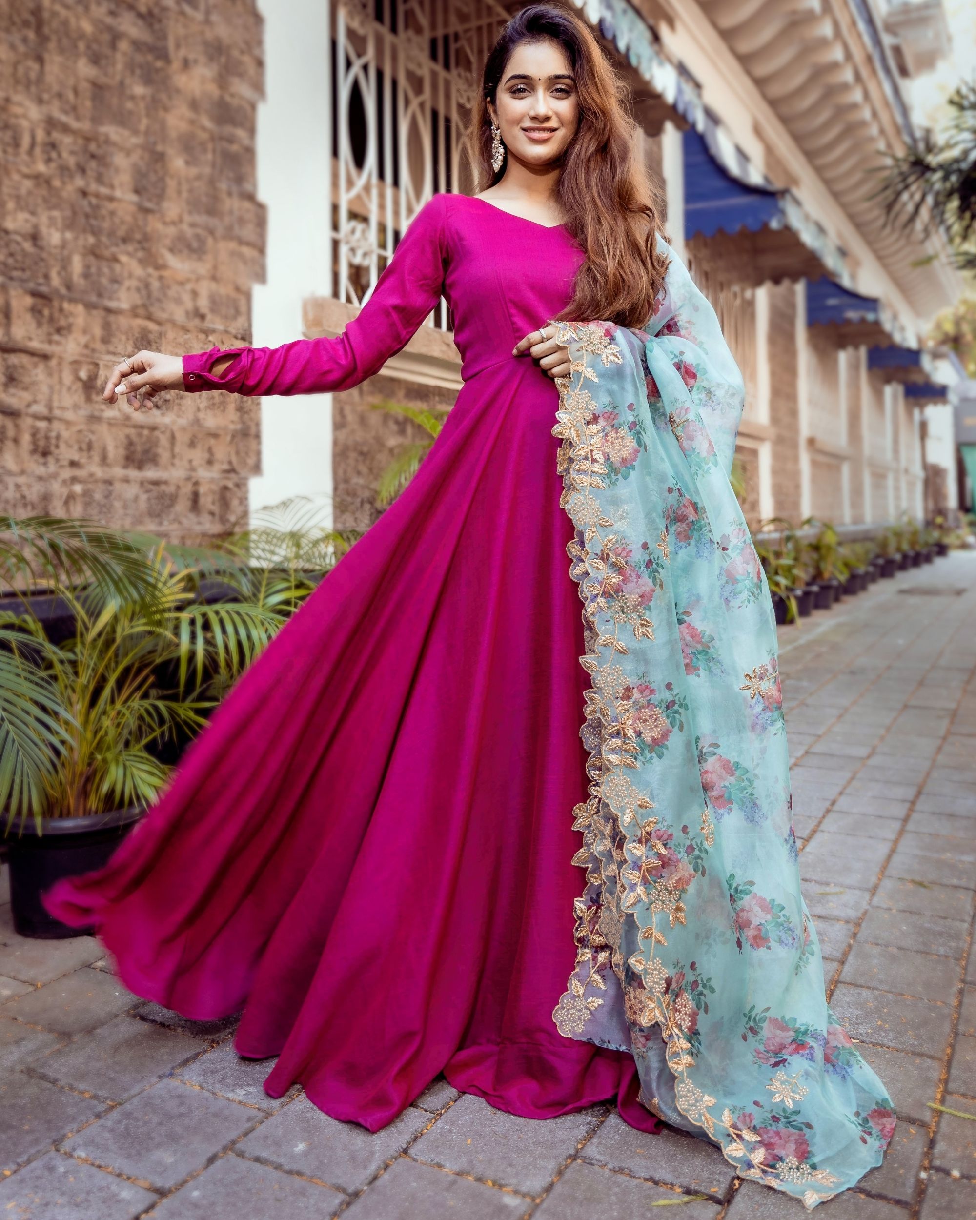 Dual toned flared anarkali dress with floral organza