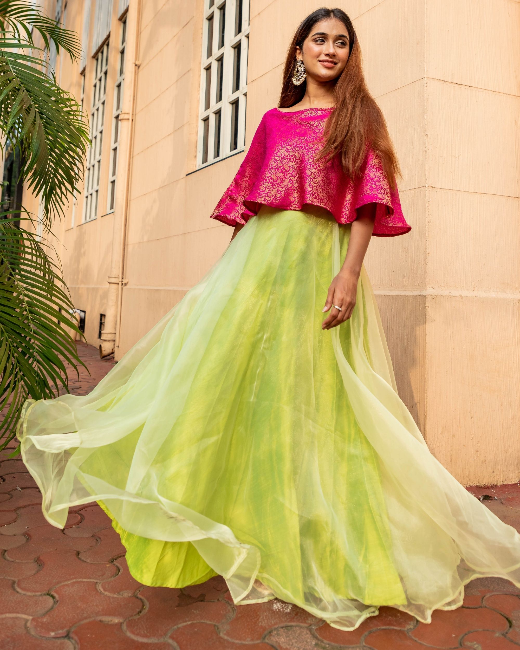 Rani pink and lime green floral jaal off shoulder flared dress by The ...