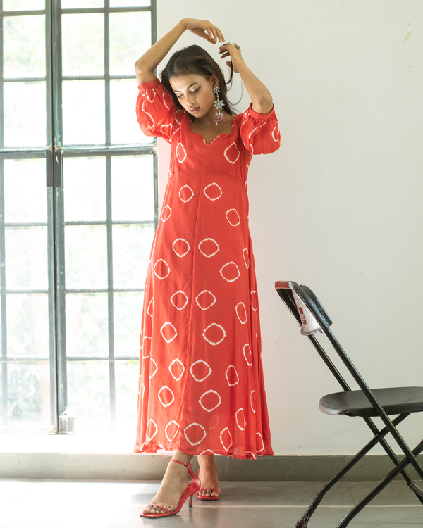 Red hand tie and dye flared dress 3