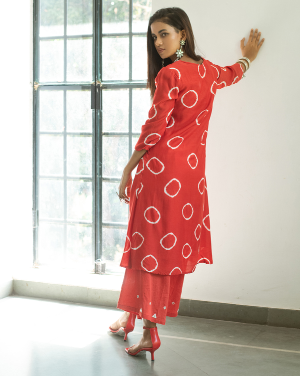 Red hand tie and dye kurta and palazzo with dupatta - Set Of Three 1