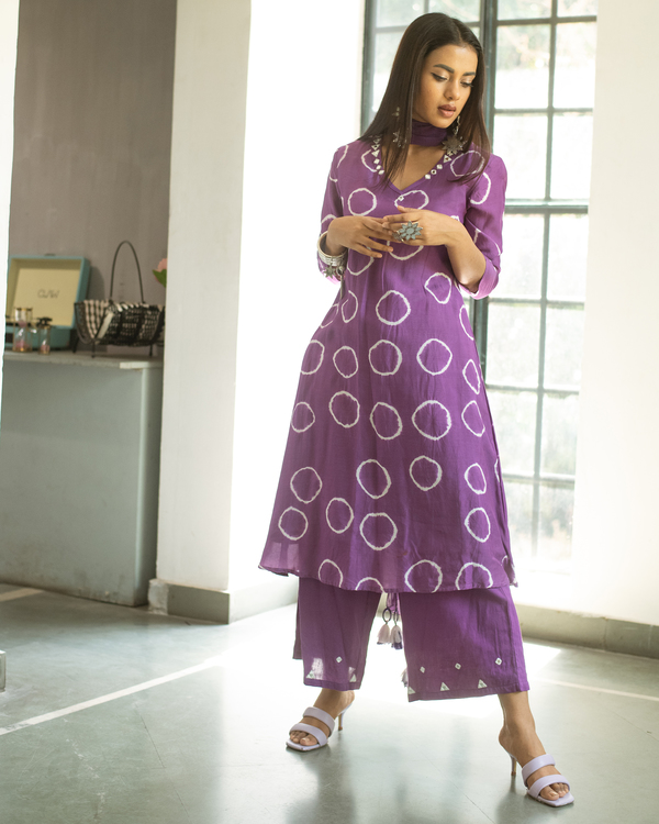 Purple hand tie and dye kurta and palazzo with dupatta - Set Of Three 2