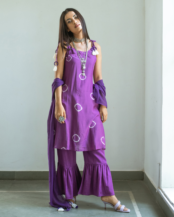 Purple hand tie and dye strap kurta and sharara with dupatta -  Set Of Three 1