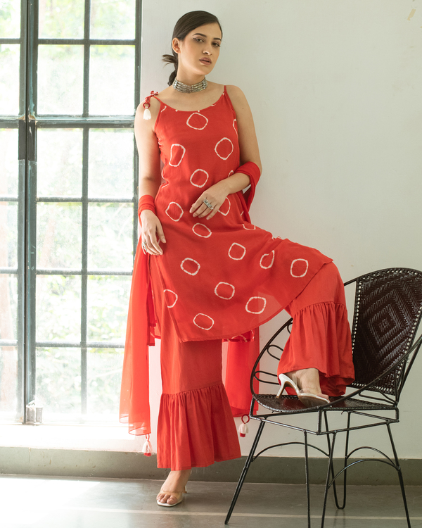 Red hand tie and dye strap kurta and sharara with dupatta -  Set Of Three 3