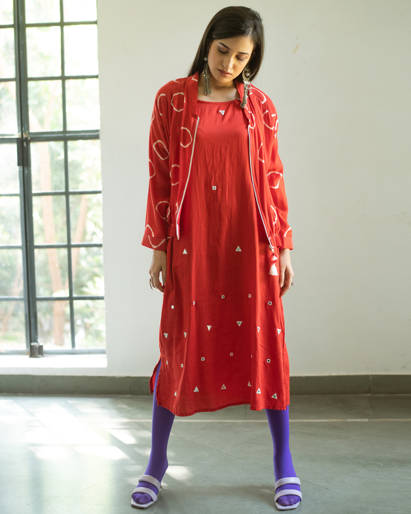 Red hand tie and dye jacket and dress - Set Of Two 2