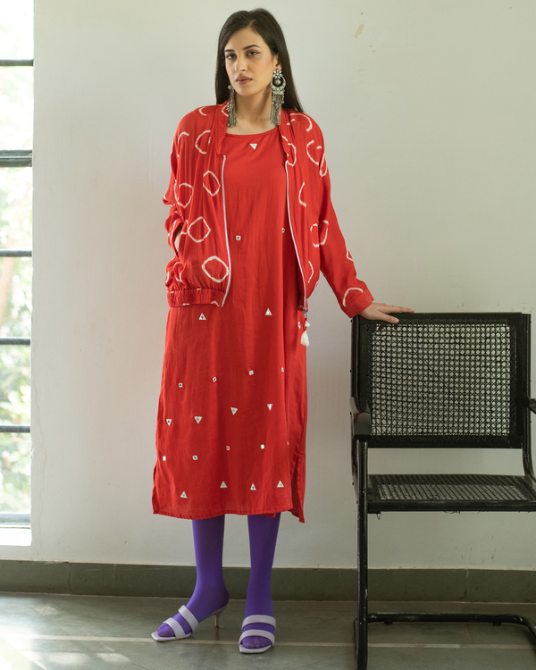 Red mirror embroidered dress with pockets 1