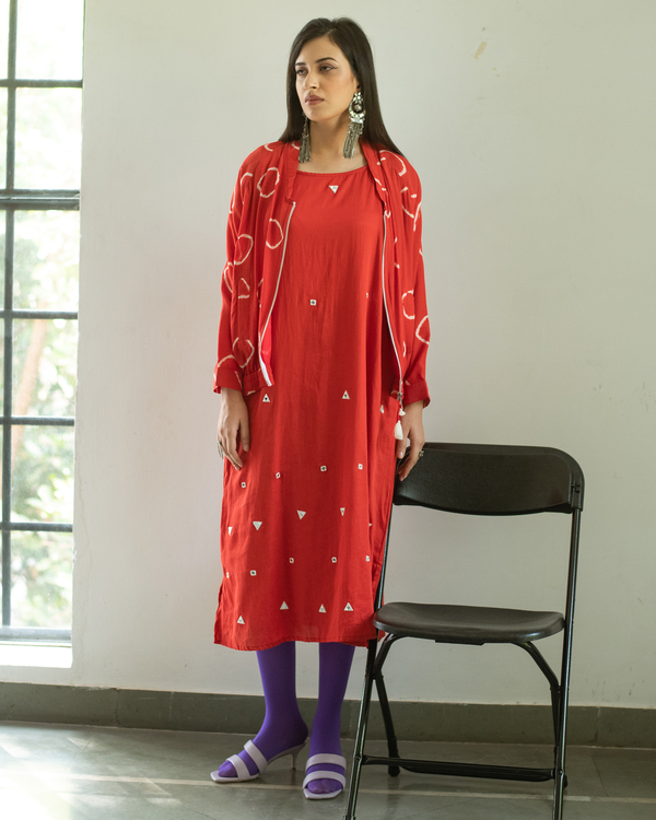 Red mirror embroidered dress with pockets 2