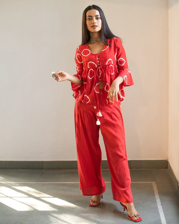 Red hand tie and dye peplum top and pants with inner - Set Of Three 1