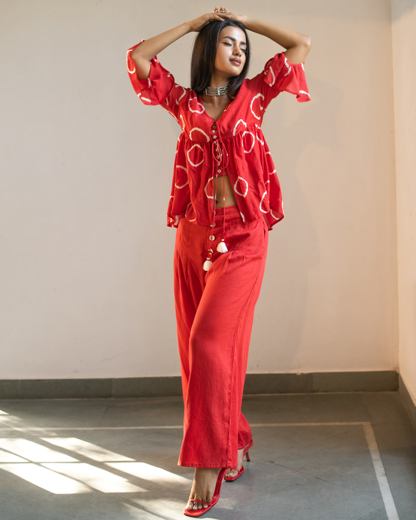 Red hand tie and dye peplum top and pants with inner - Set Of Three 2