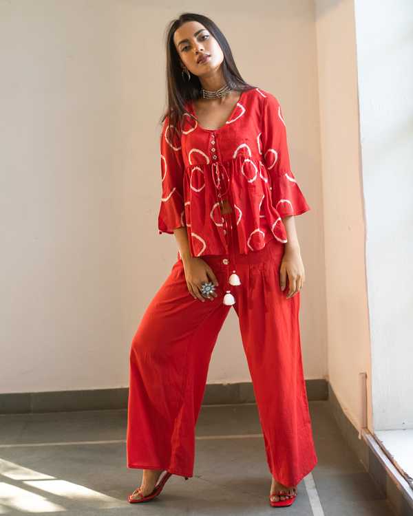 Red hand tie and dye peplum top and pants with inner - Set Of Three 3