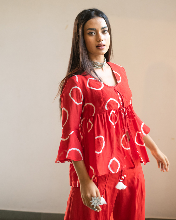Red hand tie and dye peplum top and pants with inner - Set Of Three 4