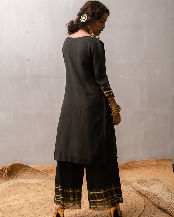 Black sequined buttoned kurta and palazzo with dupatta - Set Of Three 1