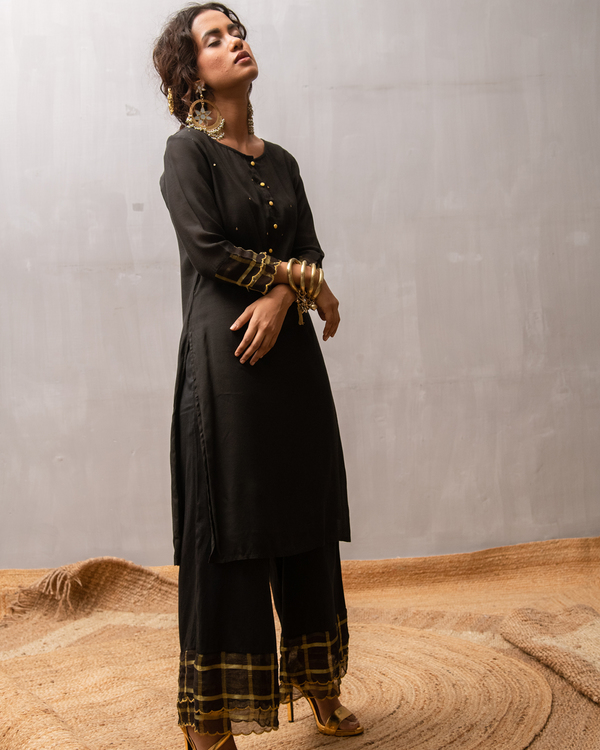 Black sequined buttoned kurta and palazzo with dupatta - Set Of Three 2