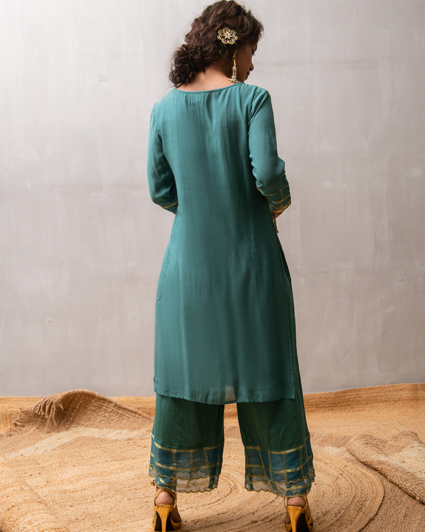 Teal blue sequined buttoned kurta and palazzo with dupatta - Set Of Three 1
