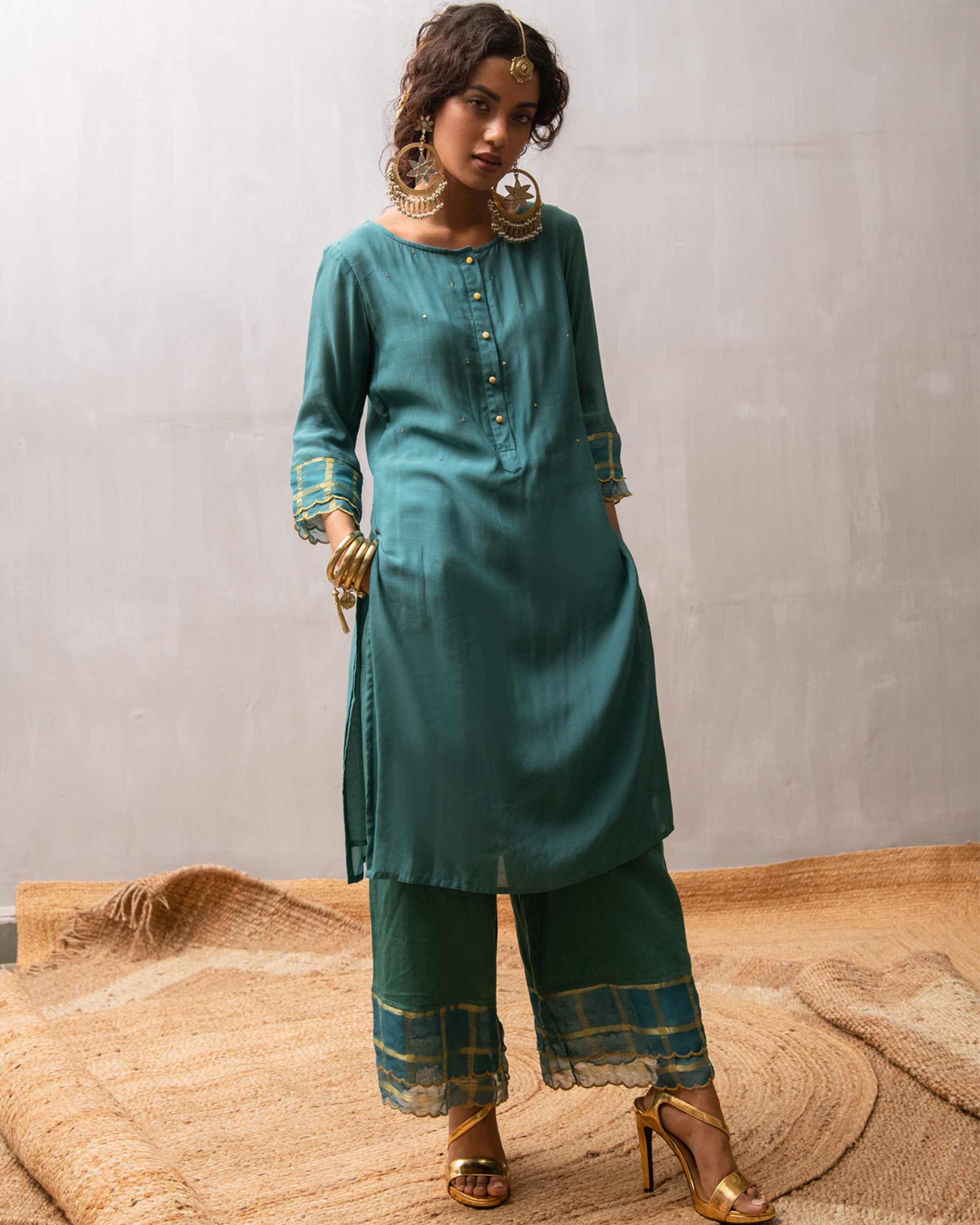 Teal blue sequined buttoned kurta and palazzo with dupatta - Set Of ...