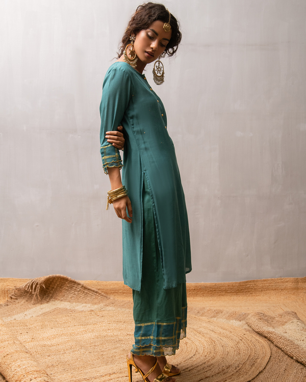 Teal blue sequined buttoned kurta and palazzo with dupatta - Set Of Three 3