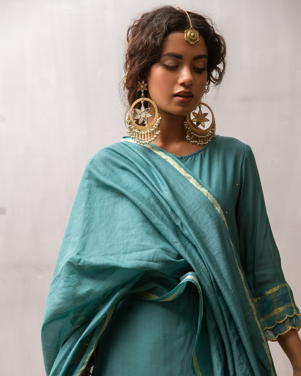 Teal blue sequined buttoned kurta and palazzo with dupatta - Set Of Three 4