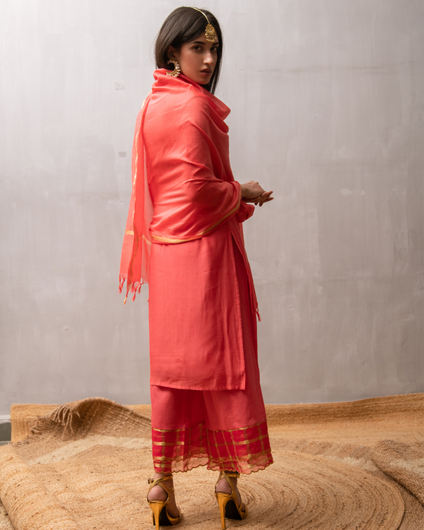 Coral sequined buttoned kurta and palazzo with dupatta - Set Of Three 1
