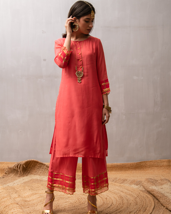 Coral sequined buttoned kurta and palazzo with dupatta - Set Of Three 2