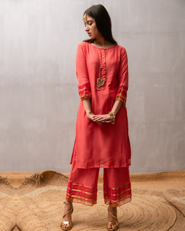 Coral sequined buttoned kurta and palazzo with dupatta - Set Of Three 3